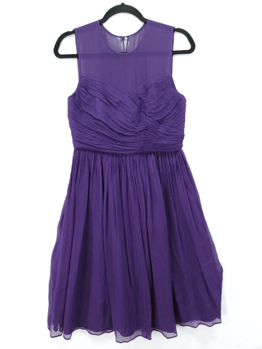 J.Crew Size 6 Purple 100% Silk Chiffon Ruched Sweetheart Sheer Neck Mini Dress